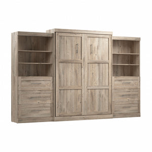 Bestar Pur Queen Murphy Two Shelving Units with Drawers 136-Inch Wall Bed - Rustic Brown