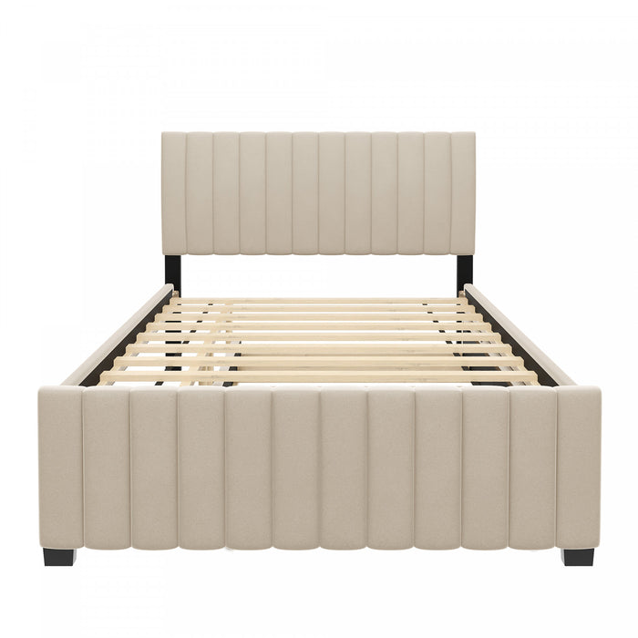 Ethan Space-Saving Velvet Upholstered Platform Bed with Trundle,Full Size,Beige Full Bed