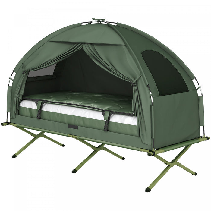 Outsunny 4-in-1 Camping Cot Tent, 1-Person Off-Ground Bed with Air Mattress, Sleeping Bag & Pillow