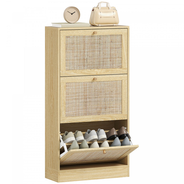 HOMCOM Rattan Shoe Storage Cabinet Organizer with 3 Flip Drawers, Oak