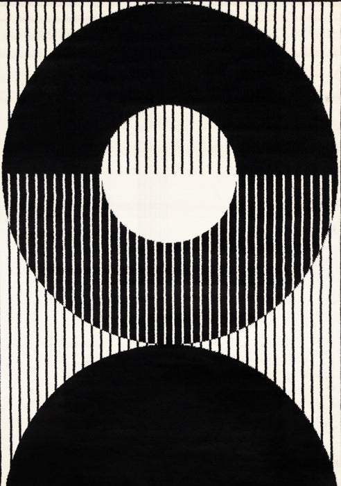 Florence Black White Stripes and Hollow Circle Modern Design, 4'7\" x 6'7\" Indoor Area Rug