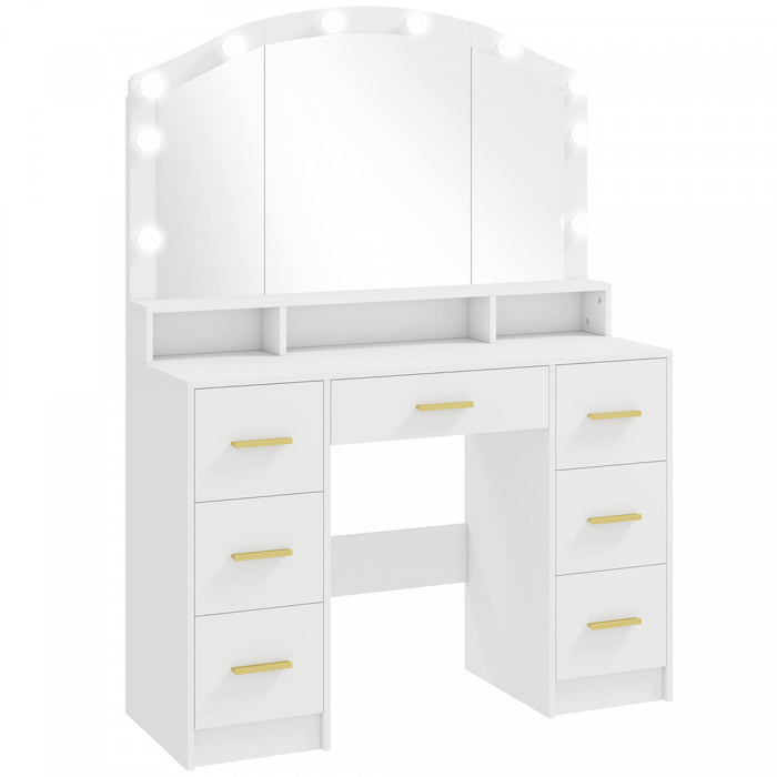 HOMCOM Vanity Desk with Lighted Mirror Makeup Vanity with 7 Drawers White