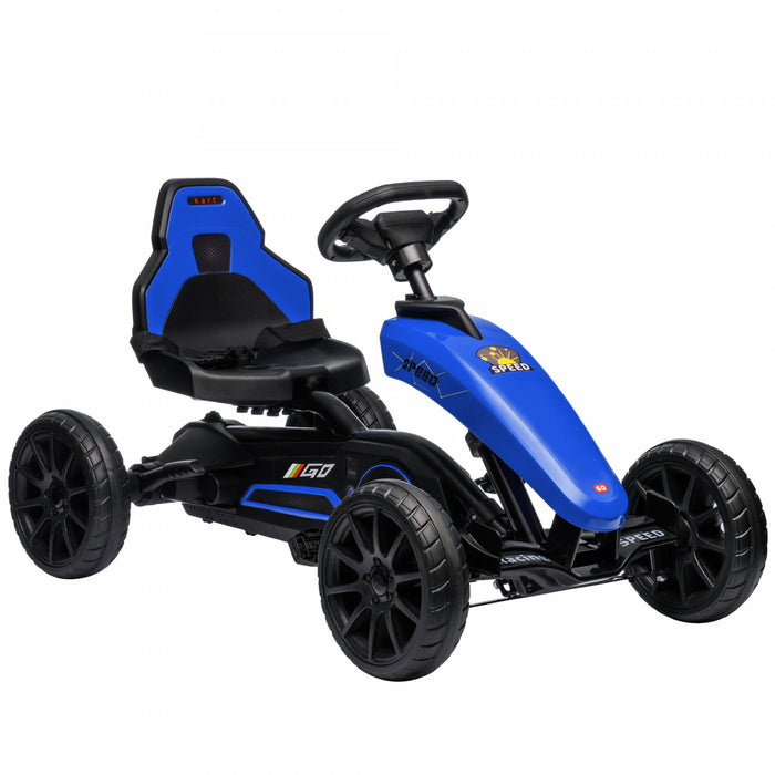 Aosom Pedal Go Kart For Kids, Pedal Powered Ride-On Car With Swing Axle, Adjustable Bucket, Handbrake, 4 Eva Wheels Powered Ride, Indoor Foot Racer, For 3-8 Years Old, Blue