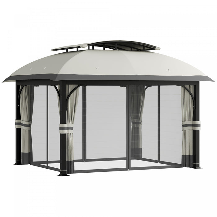 Outsunny 11' x 13' Double Roof Gazebo With Netting & Curtains, Light Grey