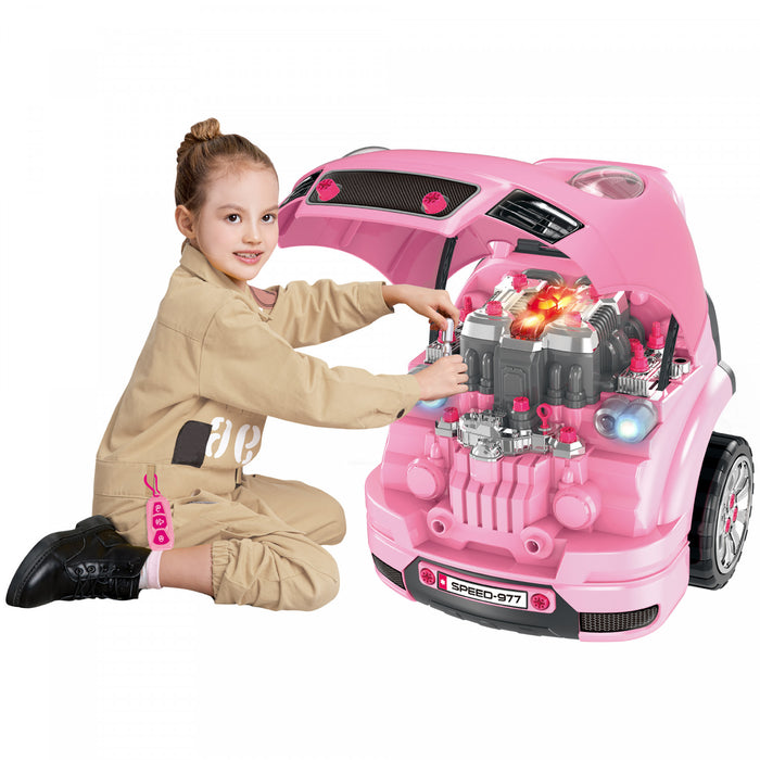 Qaba Kids Truck Engine Toy Set, Educational Car Service Station Kids Tool Set, Take Apart Workshop For 3-5 Years Old Pink