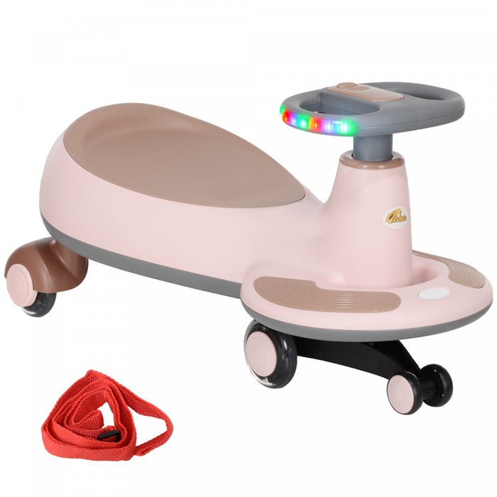 Qaba Wiggle Car For Toddlers 2-6 Years, Kids Swing Car W/ Parent Traction Rope, Music, Light, Ride On Car No Batteries, Gears Or Pedals, Twist, Turn, Wiggle Movement To Steer, Pink