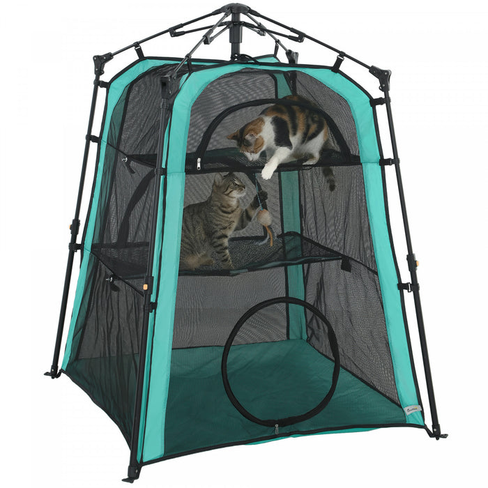 PawHut Cat Tent, 3-Tier Portable Pet Tent for Indoor Outdoor, Cat House with Multi-Door, Carry Bag, Breathable Mesh for Security & Ventilation, Sun Protection, Green