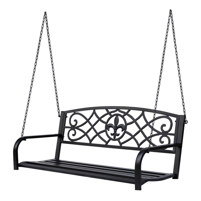 Outsunny 50\"l Steel Porch Swing Fleur-de-lis Patio Swing Chair Hanging Bench Outdoor 2-person Glider Chair Seat W/ Chain Antique Style Black