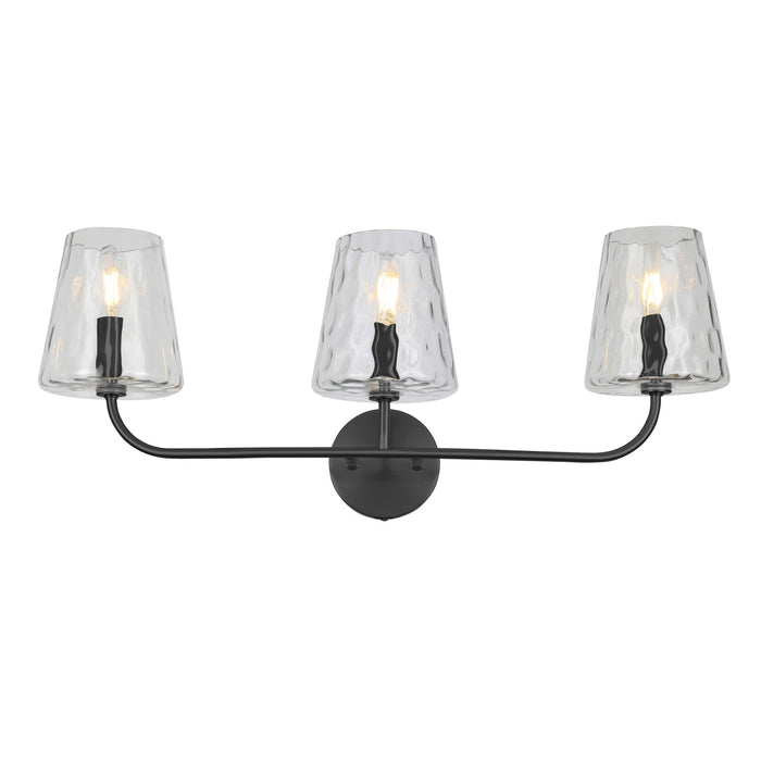 Dainolite Eleanor 3 Light Vanity Light Matte Black Clear Hammered Glass Lamp