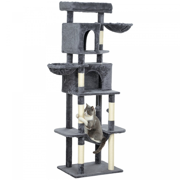 PawHut Cat Tree, 69\" Cat Tower for Indoor Kittens, Multi-Level Tower with 2 Condos, Scratching Posts, 2 Hammocks, Perches, Pompoms for Multiple Kitties, Dark Grey