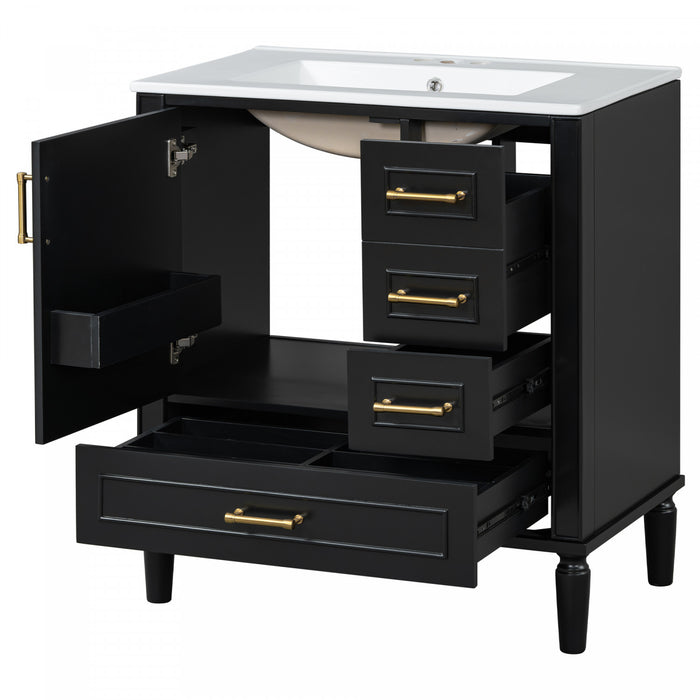 Emerson 30 Inch Bathroom Vanity with Ceramic Sink and Three Drawers, Black