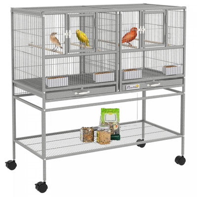 Pawhut 40"h Divided Breeder Bird Cage With Rolling Stand Removable Metal Tray, Storage Shelf, Wood Perch, And Food Container, Light Grey
