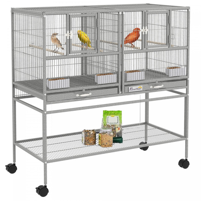 Pawhut 40\"h Divided Breeder Bird Cage With Rolling Stand Removable Metal Tray, Storage Shelf, Wood Perch, And Food Container, Light Grey