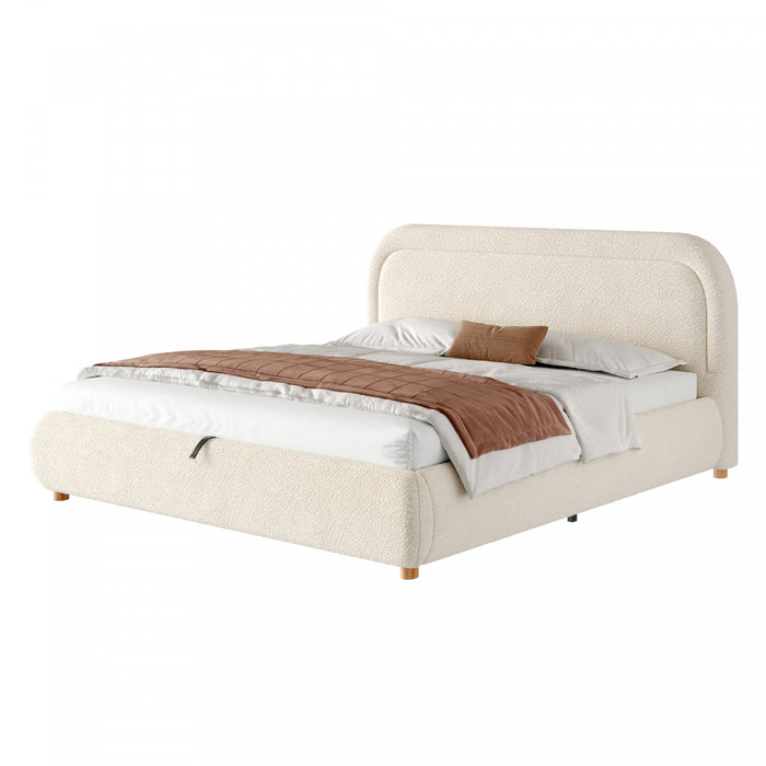 Sophia Space-Saving Hydraulic Lift Storage Platform Bed with Boucle Upholstery,King Size,Beige King Bed