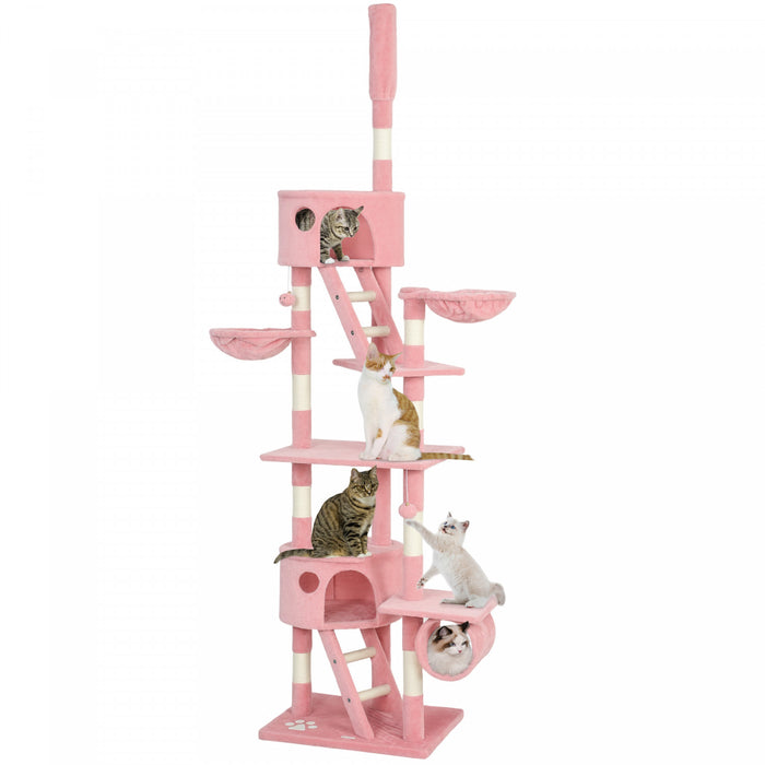 PawHut Cat Tower for Large Cats Adult, Floor to Ceiling Cat Tree Adjustable Height 94\"-102\" Multi-Level with Scratching Posts, Cozy Hammock, Pompoms, Pink