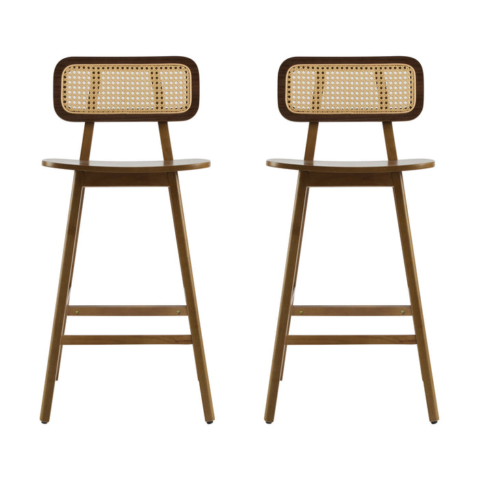 Bari Rubber Wood Counter Stool Set of 2 with Rattan Back and Footrest,Walnut