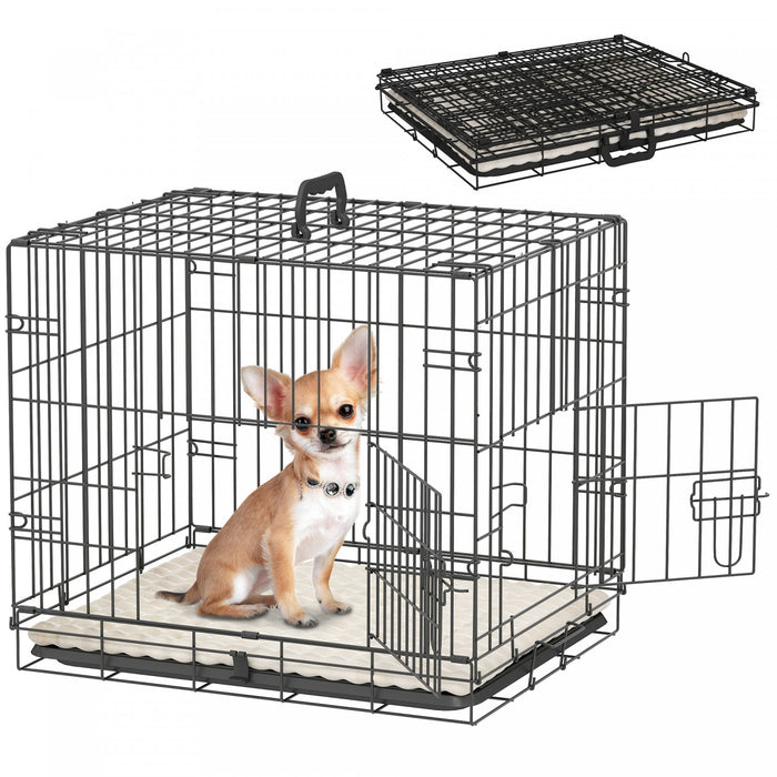 PawHut Dog Crate, 24\" Folding Metal Dog Kennel with 2 Doors, Removable Tray, Soft Cushion, Handle, Pet Cage for Extra Small Dogs, Black