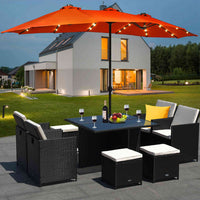 Costway 15Ft Patio Double-Sided Solar LED Market Umbrella Crank Base Orange