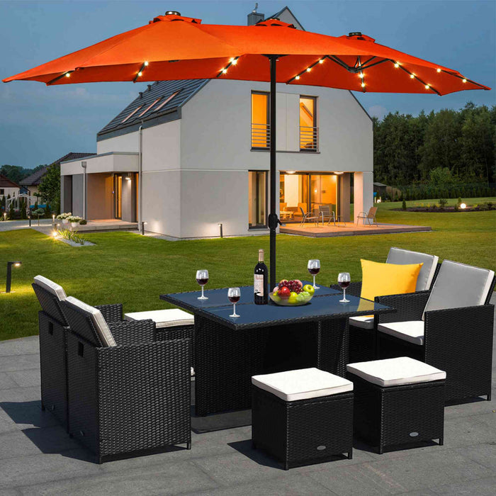 Costway 15Ft Patio Double-Sided Solar LED Market Umbrella Crank Base Orange
