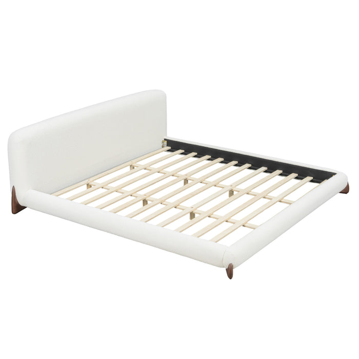 Emma Low Profile Platform Bed Frame with Curved Headboard and Boucle Upholstery, King Size,Cream White King Bed