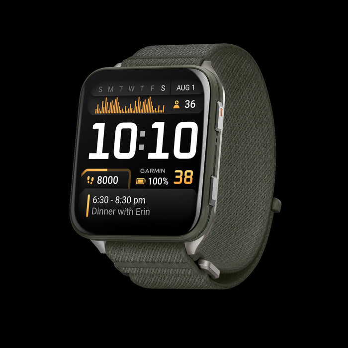Garmin Venu X1 Moss Lightweight Smartwatch - Outdoor Tracker, Titanium Case, ComfortFit Band, Health Monitoring, Voice Commands, Music Storage