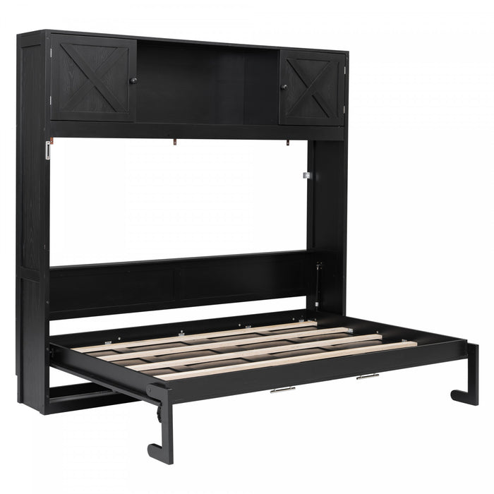 Ethan Solid Wood Murphy Bed with Storage Cabinets,Full Size,Black Full Bed