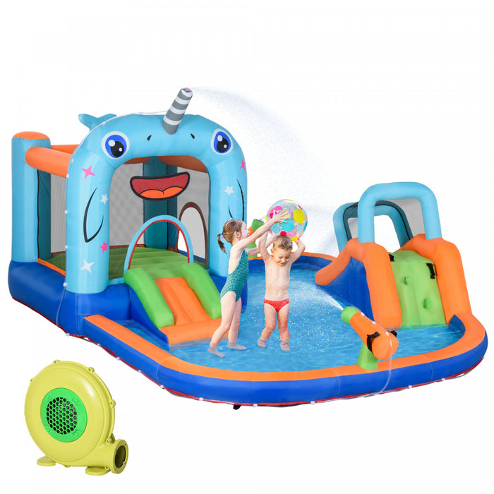 Outsunny 5-in-1 Inflatable Water Slide, Narwhals Style Kids Castle Bounce House Includes With Slide Trampoline Pool Water Gun Climbing Wall, Carry Bag, 450w Air Blower