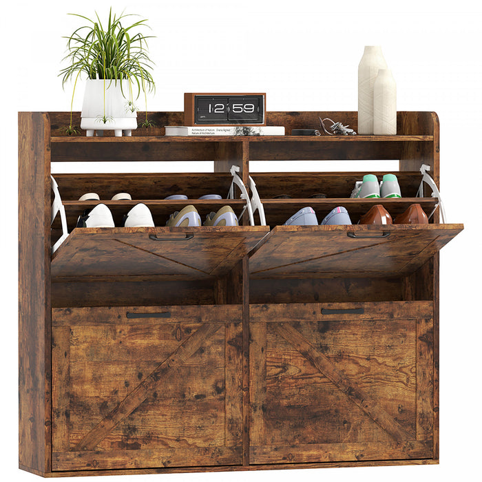 HOMCOM 4 Flip Drawer Shoe Cabinet, Slim Shoe Storage Cabinet, Rustic Brown