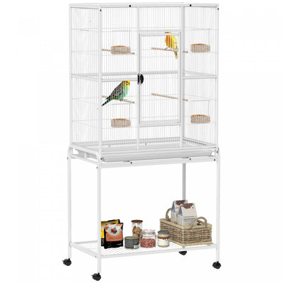 PawHut 64" Large Bird Cage, Rolling Metal Parrot Cage, Bird House with Detachable Rolling Stand, Storage Shelf, Wood Perch, Food Container, 32" x 19" x 64", White