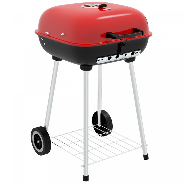 Outsunny Charcoal BBQ Grill, Portable Barbecue Smoker with Lid, Wheels, Storage Rack, Red