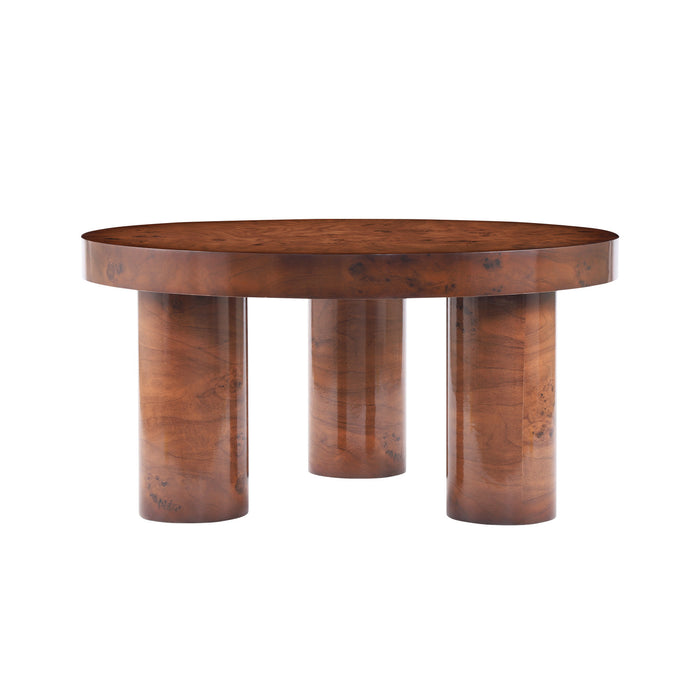 Lira 31.5 Inch Modern Round Burl Veneer Coffee Table with Three Cylindrical Legs, Brown