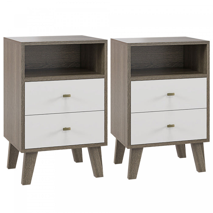HOMCOM Nightstand Set of 2 Bedside Table with 2 Drawers and Open Storage