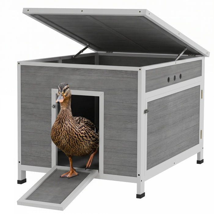 PawHut Duck Coop, Wooden Chicken House Rabbit Hutch with Openable Roof, Removable Floor, Double Doors, Ramp, Duck House for 3-6 Chickens, Geese, 30\" x 38\" x 30\"