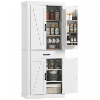 72" Kitchen Pantry Cabinet, Kitchen Storage Cabinet with Barn Doors, White