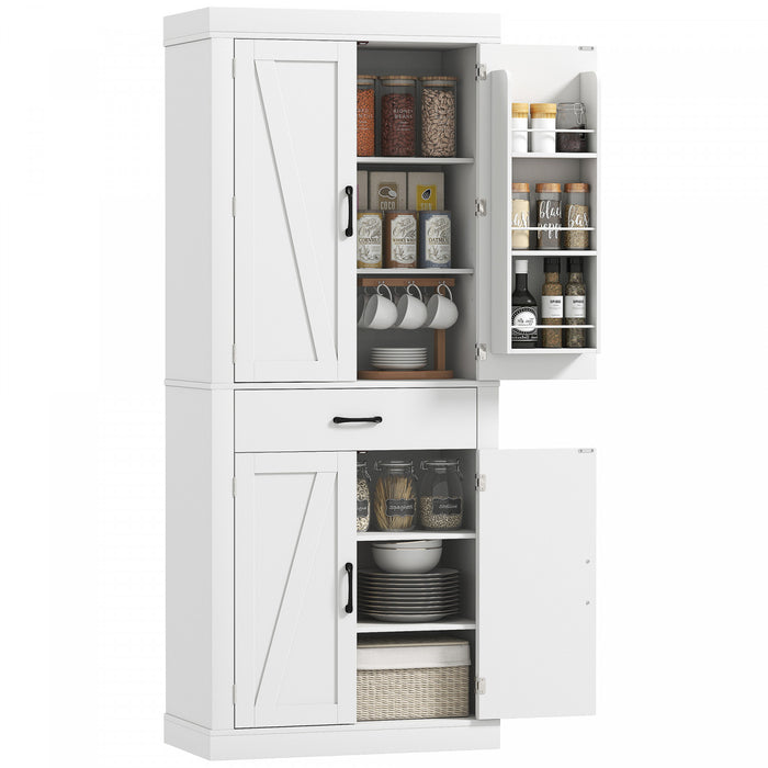 72\" Kitchen Pantry Cabinet, Kitchen Storage Cabinet with Barn Doors, White