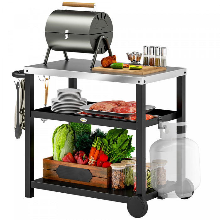 Outsunny 3-Shelf Outdoor Grill Dining Cart Pizza Oven Stand with Stainless Steel Top, Movable BBQ Food Prep Table Outdoor Kitchen Island with Hooks Wheels Handle, Charcoal Grey