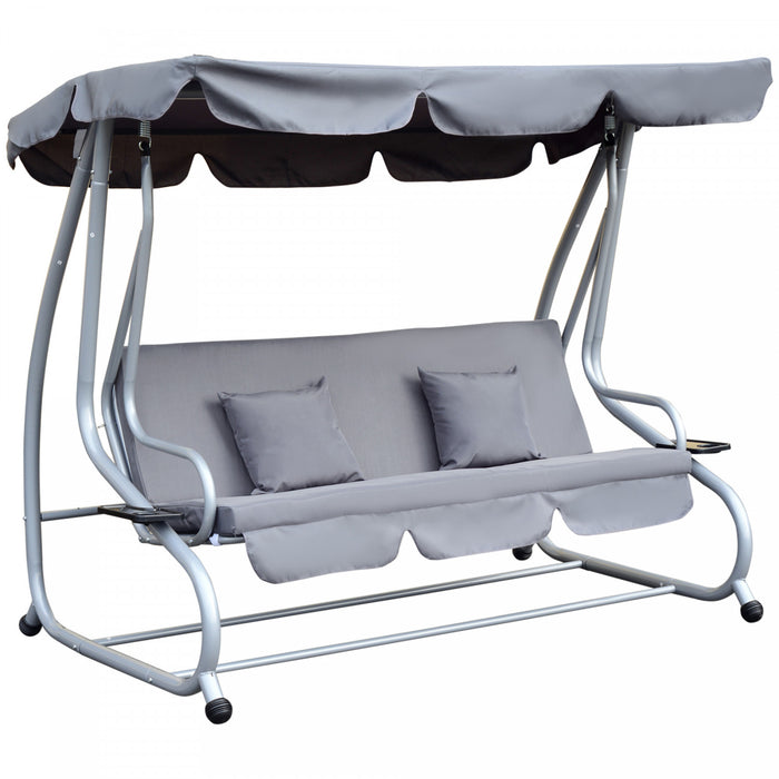 Outsunny 3-seat Outdoor Patio Swing Chair, Converting Flat Bed, Canopy Swing With Adjustable Shade, Removable Cushions, Cup Holder, Grey