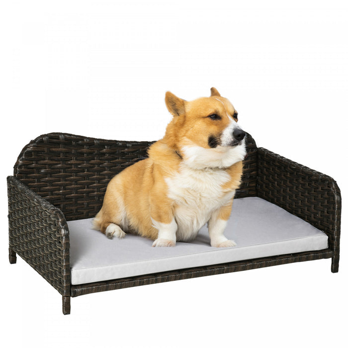 Pawhut Rattan Pet Sofa For Large & Medium Dogs, Indoor & Outdoor Raised Wicker Dog Bed, Cat Couch, With Soft Washable Cushion, Charcoal Grey