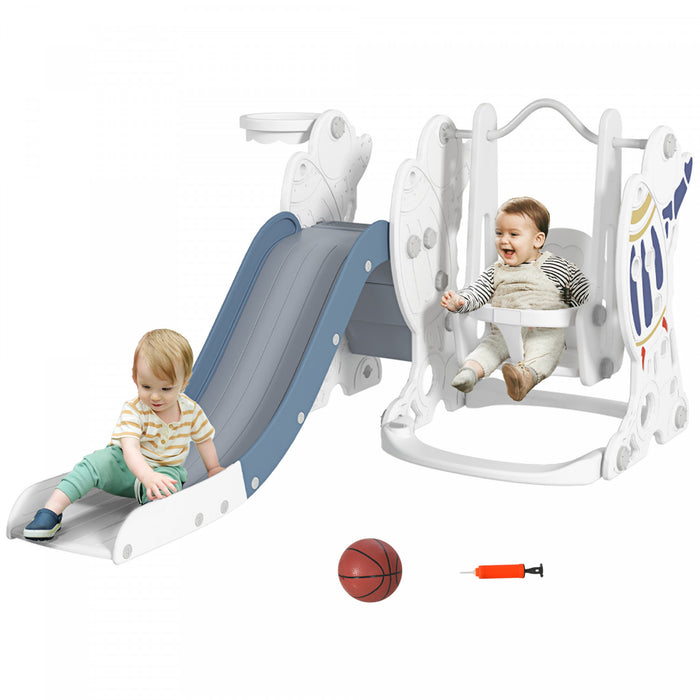 Qaba 3 In 1 Toddler Playground, Kids Playset With Swing, Slide, Basketball Hoop, Indoor Slide And Swing Set For 18-48 Months With Basketball, Pump, Blue