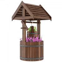 Outsunny Wishing Well Outdoor Wooden Planter with Hanging Bucket, Tan