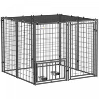 Pawhut Dog Run Outdoor, Welded Wire Outdoor Dog Kennel With 4 Levels Adjustable & Rotatable Dog Bowls, Sun-shade Cover, Secure Lock, For Small And Medium Dogs, 4.6' X 4.6' X 3.7'
