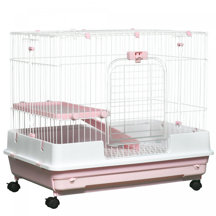 Pawhut 27\"h 2-level Small Animal Cage Rabbit Hutch With Universal Lockable Wheels, Slide-out Tray For Bunny, Chinchillas, Ferret, Pink
