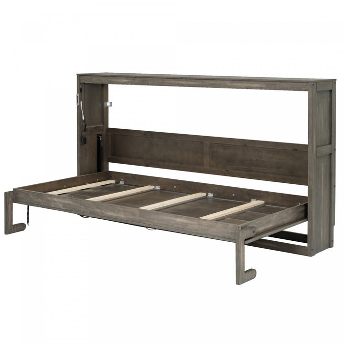 Olivia Solid Wood Murphy Bed with LED Light and Foldable Cabinet,Twin Size,Brown Twin Bed