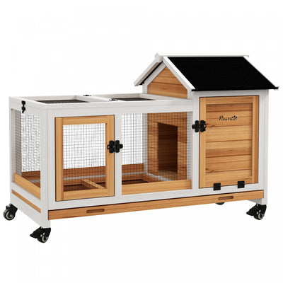 PawHut Indoor Rabbit Hutch with Wheels, Bunny Cage with Ramp, Run, Pull Out Tray, Suitable for Rabbit, Guinea Pig, Yellow