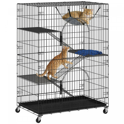 PawHut 4-Tier Cat Cage, 50"H Large Cat Enclosure Metal Playpen with Wheels, Pull-Out Tray, Hammock, Bed, Ramps, Platforms for 1-2 Kittens, Ferrets, Squirrels and Chinchillas, Black