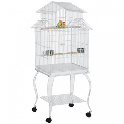 Pawhut 53.9'' Large Rolling Steel Bird Cage Bird House With Detachable Rolling Stand, Storage Shelf,|Pawhut Grande Cage A Oiseaux En Metal De 54'' Avec Support Roulant Detachable, Etagere De Rangement,