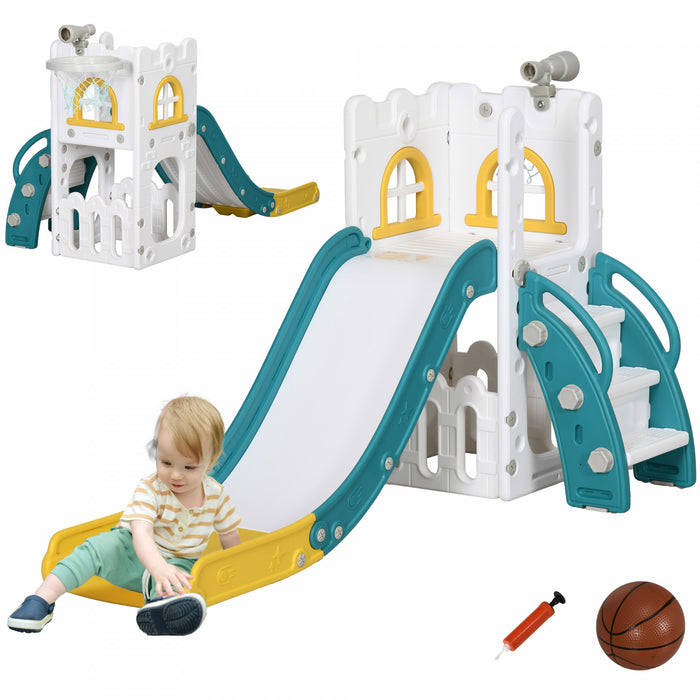 Qaba Toddler Slide, 4 In 1 Slide For Kids Aged 1-3 Years With Basketball Hoop, Climber, Telescope, Storage Basket, For Indoor Use, Yellow