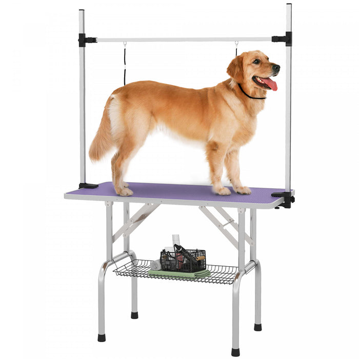 Pawhut Adjustable Dog Grooming Table Rubber Top 2 Safety Slings Mesh Storage Basket Heavy Metal Purple 42.25\"x 23.5\" X 67\"