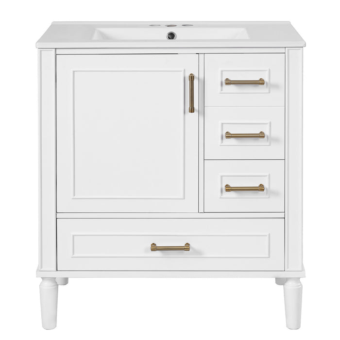 Emerson 30 Inch Bathroom Vanity with Ceramic Sink and Three Drawers, White