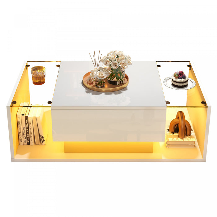 Evan Coffee Table with LED Lighting and Glass Top,White